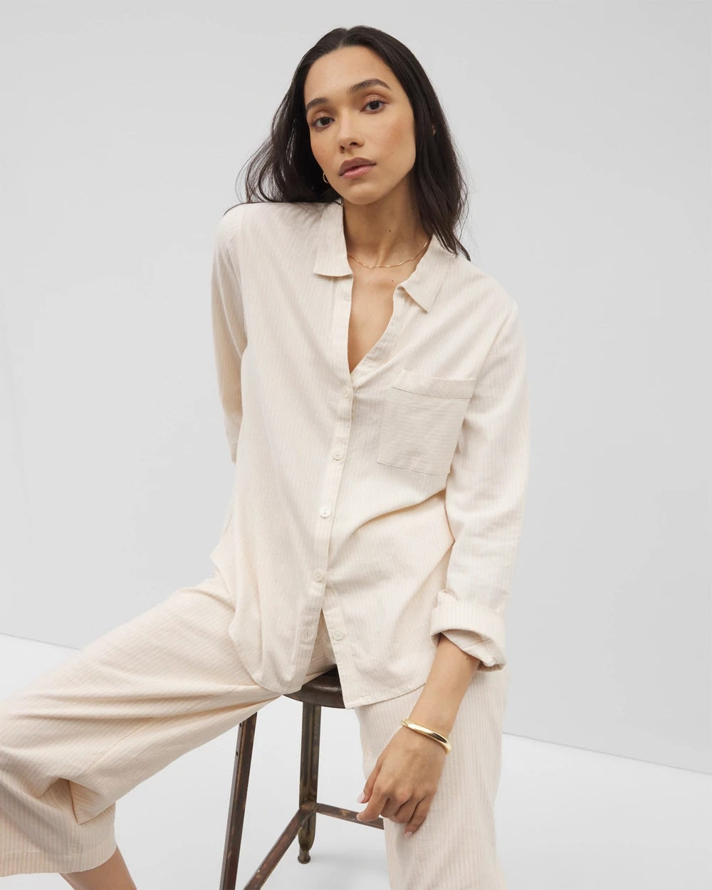 Beach Cotton Long Sleeve Button-Up - PALE SAND STRIPE | Soma discount