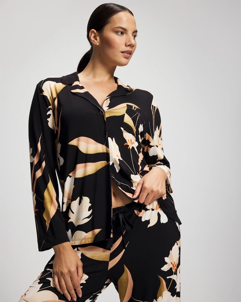 Long-Sleeve Notch Collar Pajama Top - MYSTIC BLOOMS BLACK MID | Soma Online