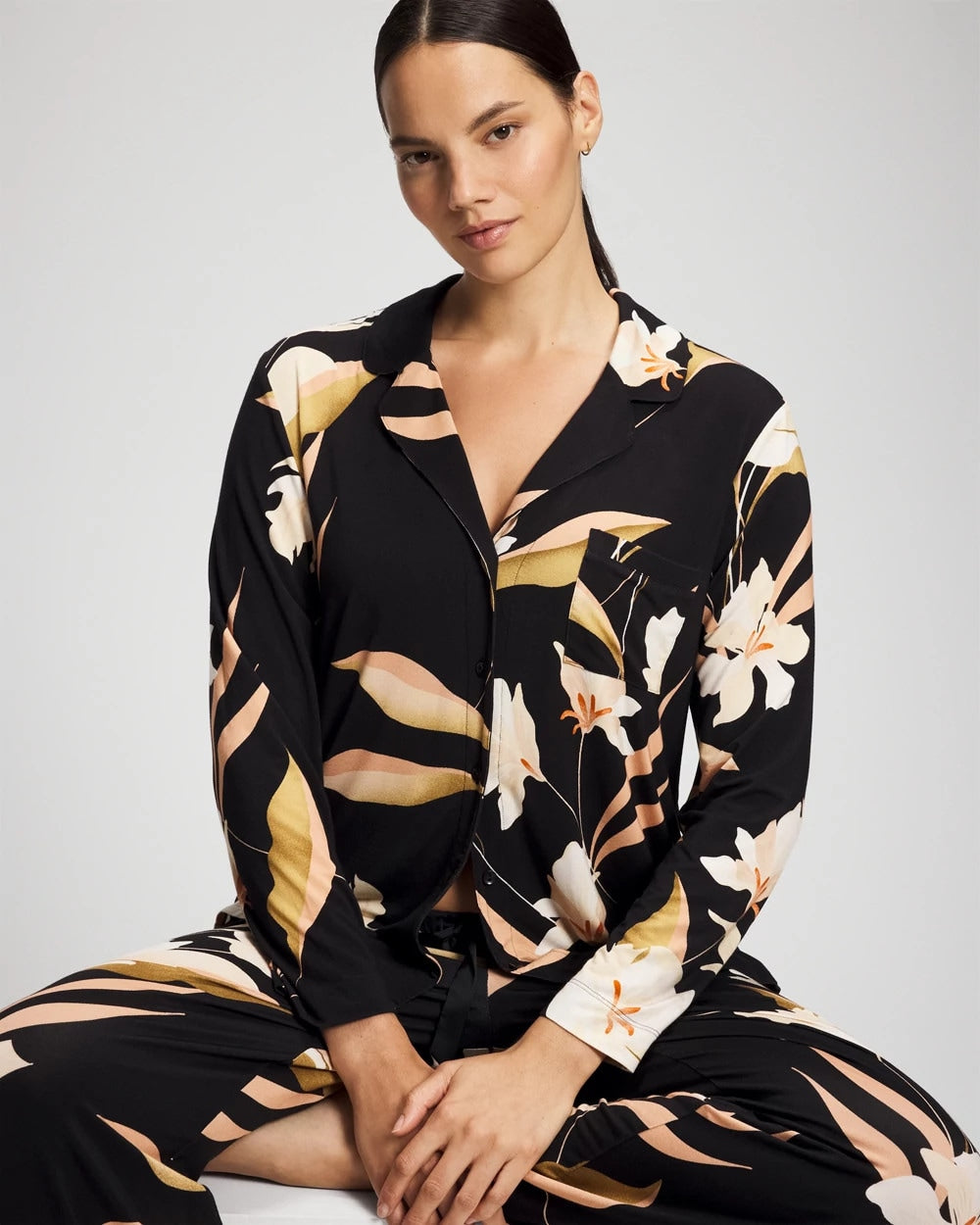 Long-Sleeve Notch Collar Pajama Top - MYSTIC BLOOMS BLACK MID | Soma Online