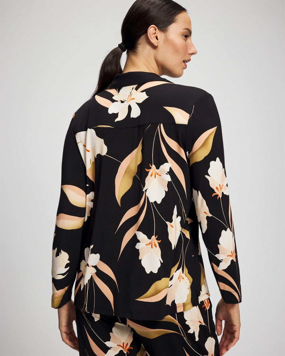 Long-Sleeve Notch Collar Pajama Top - MYSTIC BLOOMS BLACK MID | Soma Online