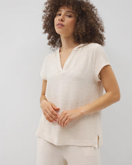 Crinkle Knit Short Sleeve V-Neck Hoodie - PARCHMENT | Soma for sale