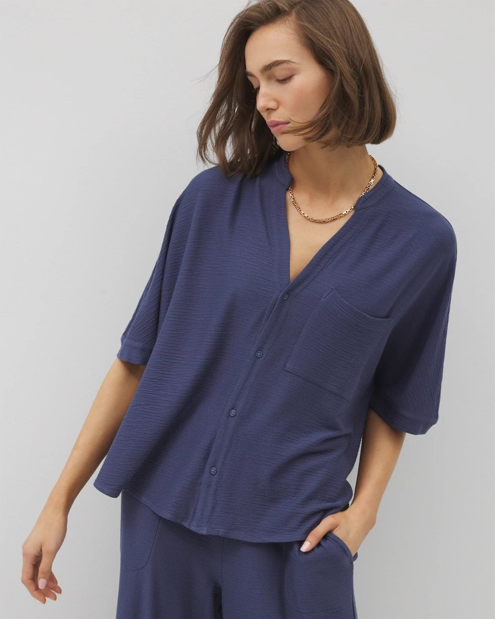 Crinkle Knit Relaxed Button-Up Top - LUNAR TIDE | Soma Online