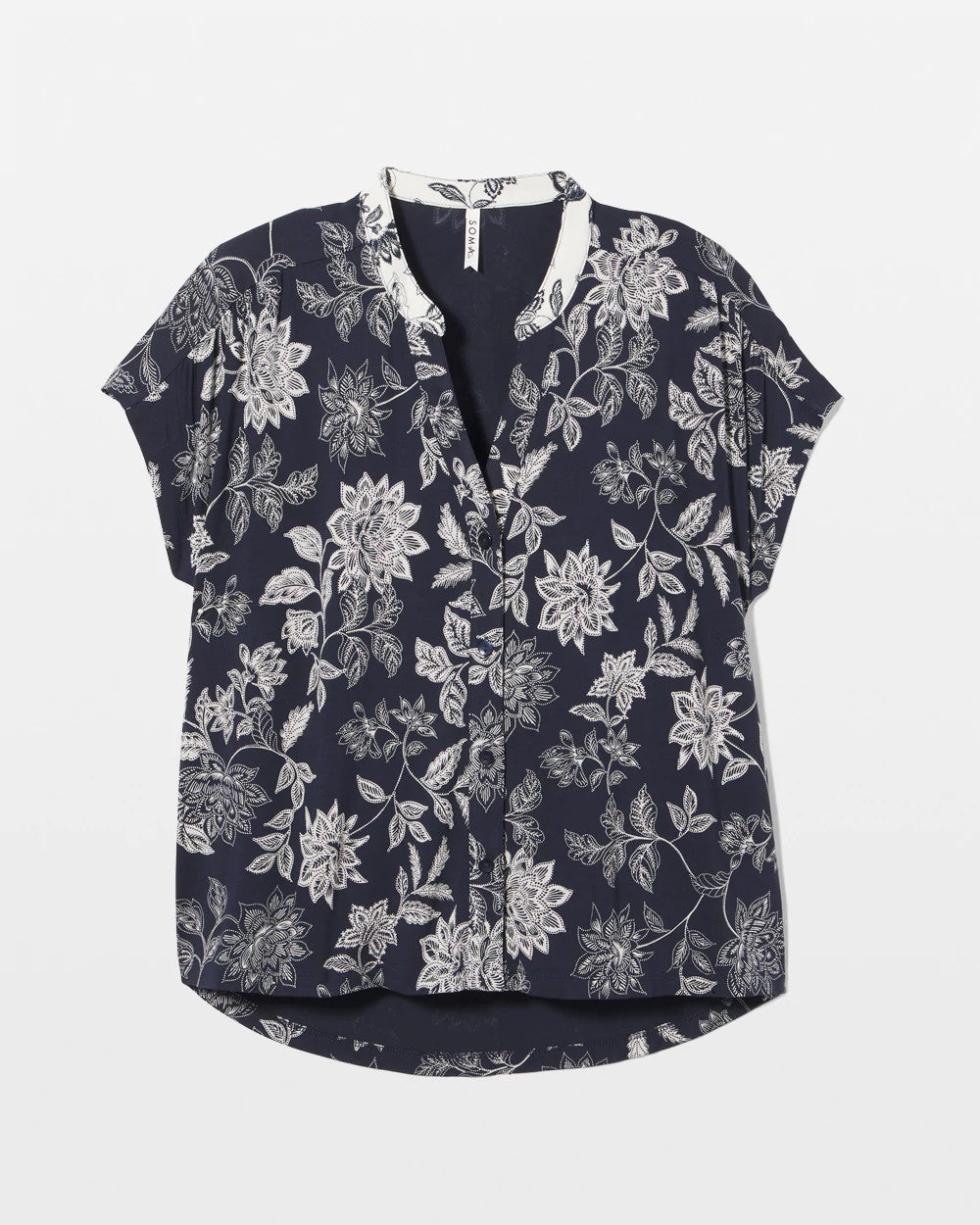 Mandarin Collar Short Sleeve Pajama Top - MEANDERING GARDEN NAVY | Soma for sale