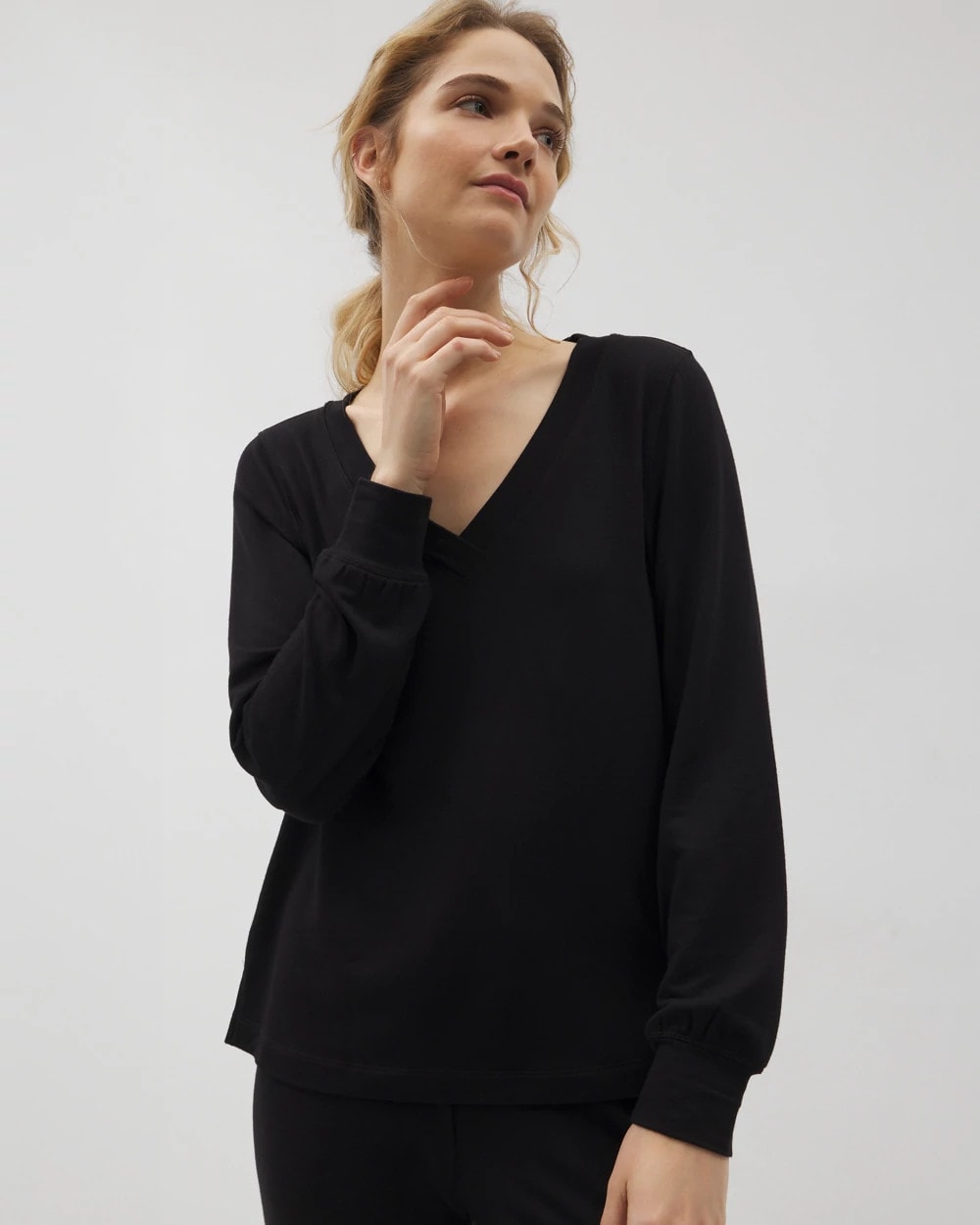 Long-Sleeve V-Neck Pajama Top - BLACK | Soma near me
