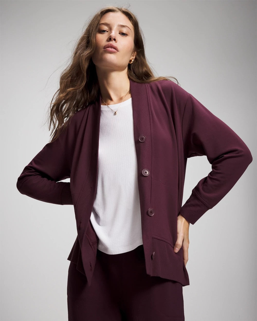 Ultrasoft Fleece Relaxed Button Up Cardigan - MERLOT | Soma Online