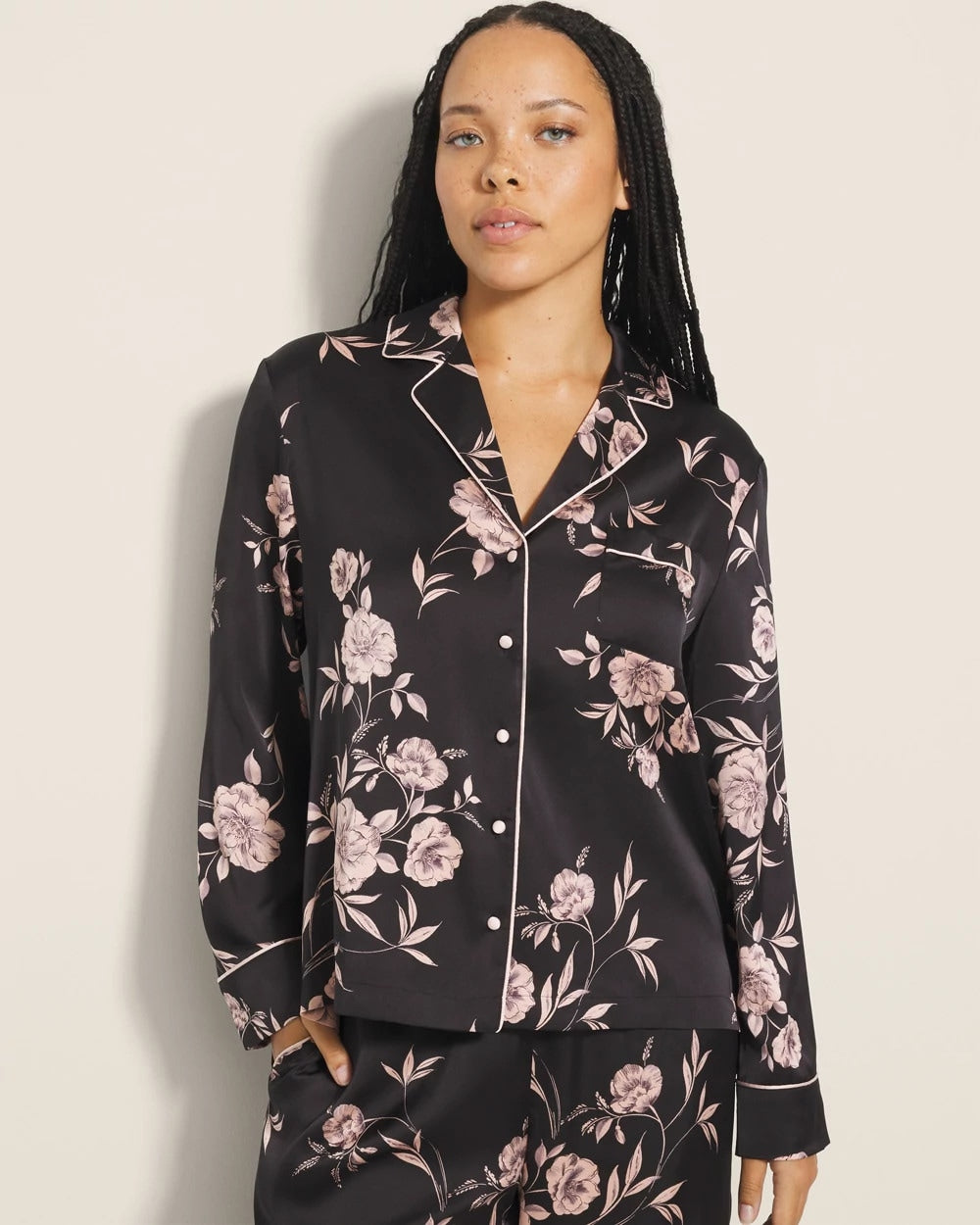 Long-Sleeve Notch Collar Pajama Top - NOSTALGIA FLORA BLACK | Soma sale