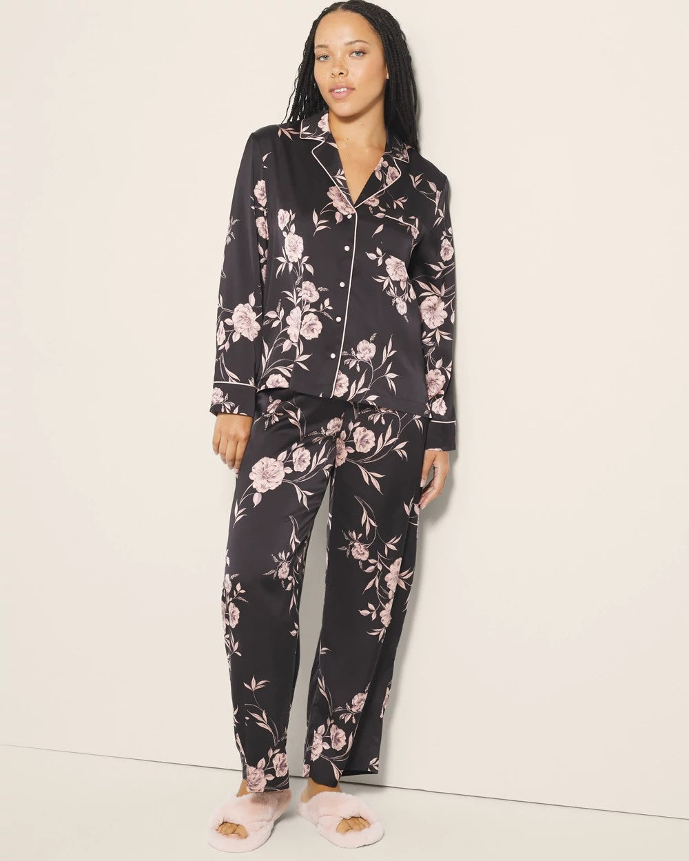 Long-Sleeve Notch Collar Pajama Top - NOSTALGIA FLORA BLACK | Soma sale