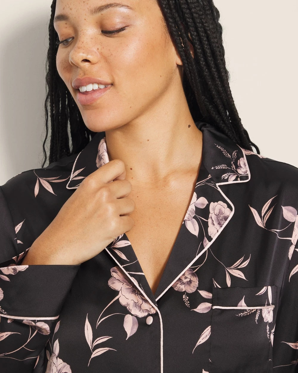 Long-Sleeve Notch Collar Pajama Top - NOSTALGIA FLORA BLACK | Soma sale
