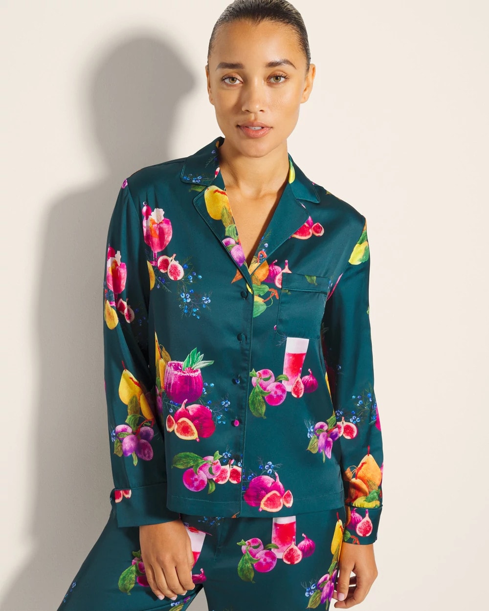 Long-Sleeve Notch Collar Pajama Top - GETTIN FIGGY WITH IT TEAL | Soma discount