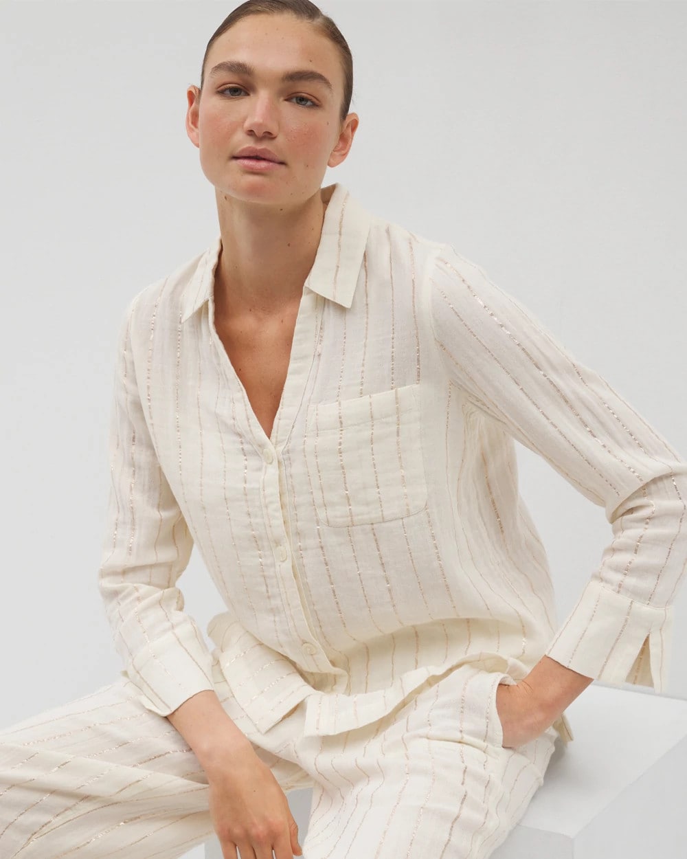 Cotton Gauze Long Sleeve Notch Collar Pajama Top - CHAMPAGNE STRIPE | Soma on sale
