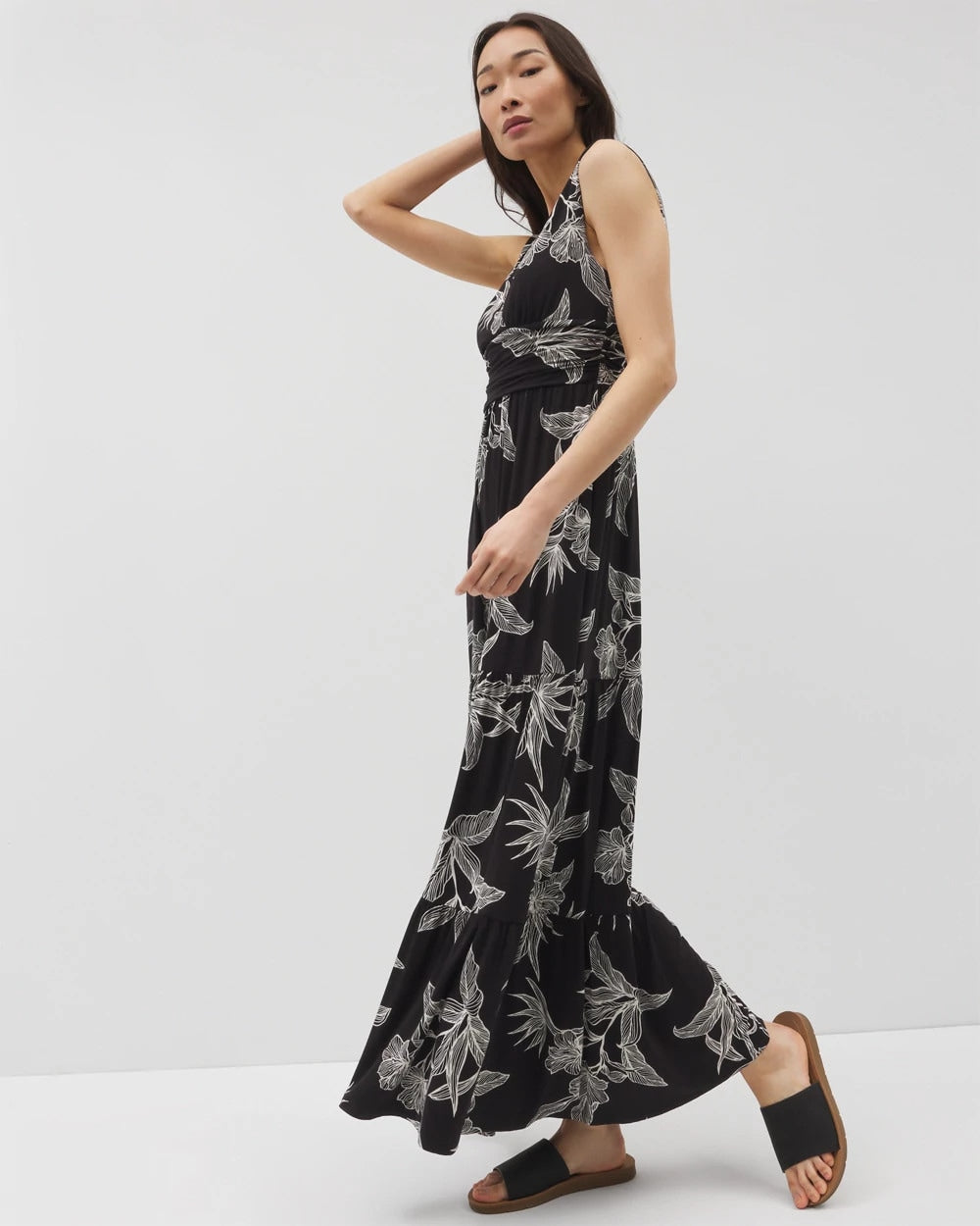 Goddess Tiered Maxi Dress - PLUMERIA BLOOMS GRAND BLK | Soma sale