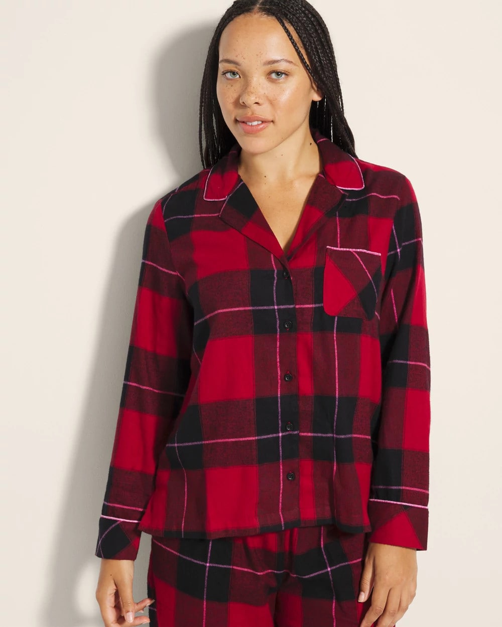 Super Soft Long-Sleeve Notch Collar Pajama Top - WRAPPED UP PLAID RED | Soma outlet