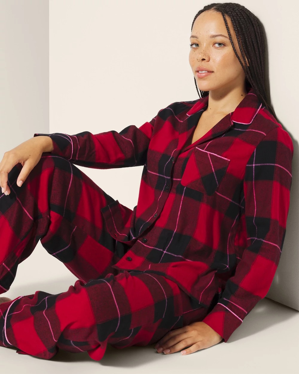 Super Soft Long-Sleeve Notch Collar Pajama Top - WRAPPED UP PLAID RED | Soma outlet