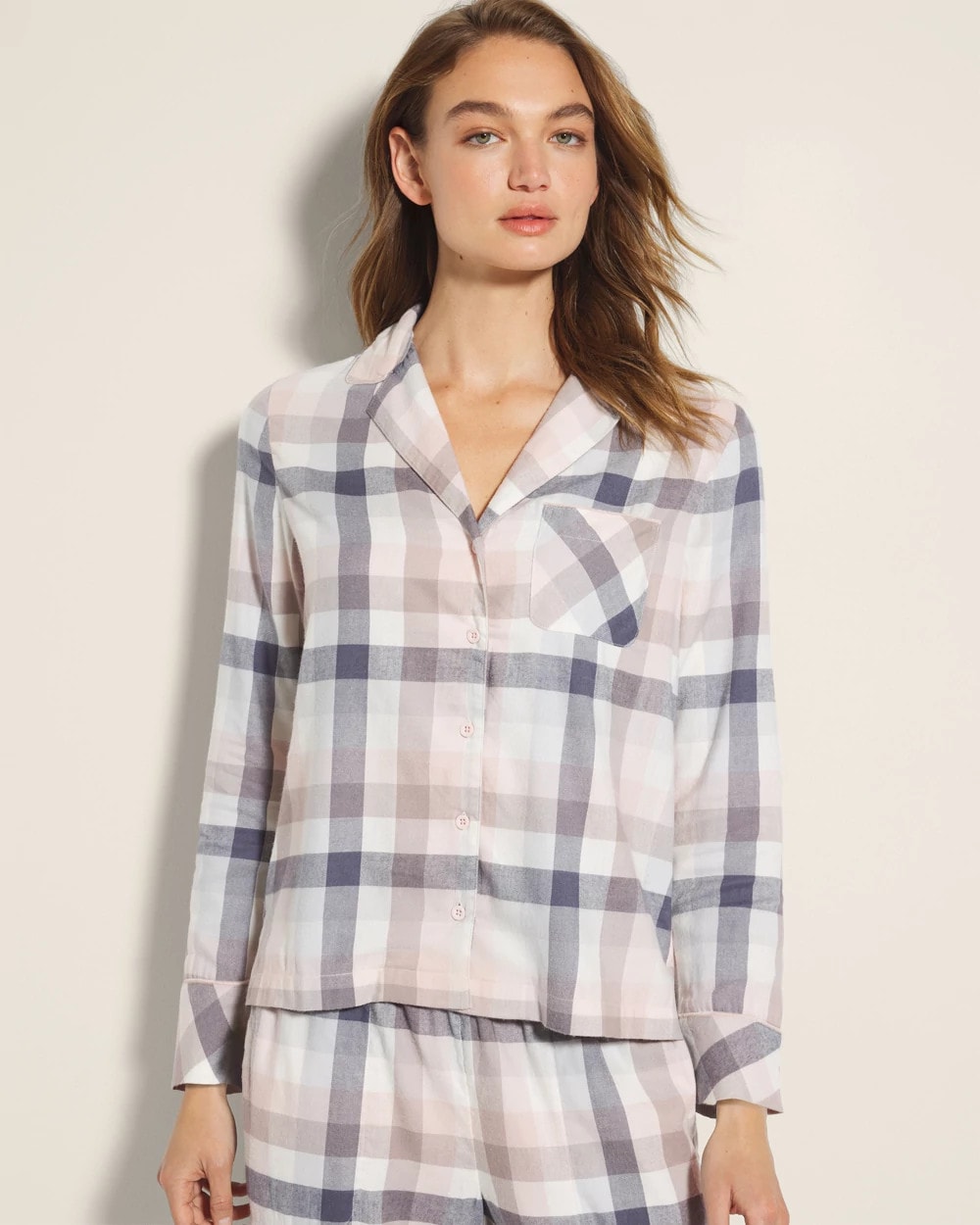 Super Soft Long-Sleeve Notch Collar Pajama Top - DREAMIEST PLAID GRAY | Soma near me