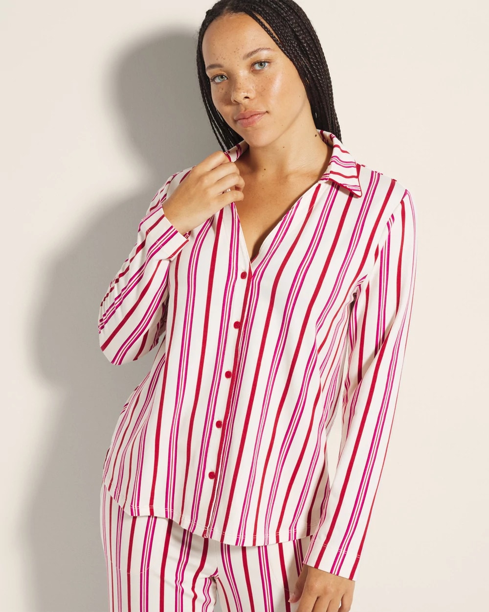 Long-Sleeve Notch Collar Pajama Top - SMART STRIPE CHAMPAGNE | Soma discount