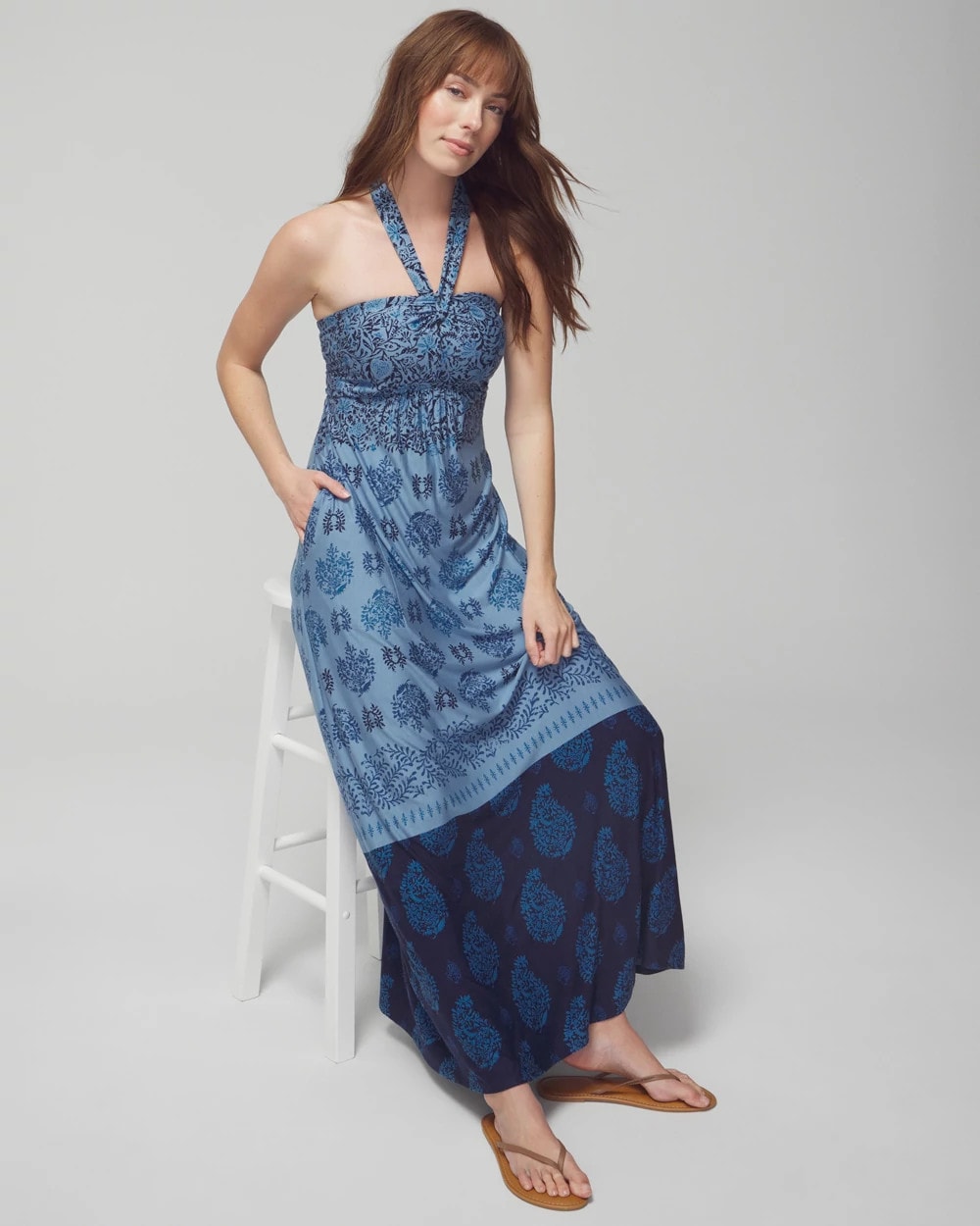 Halter Maxi Bra Dress - BELLA STAMP BORDER BLUE | Soma for sale