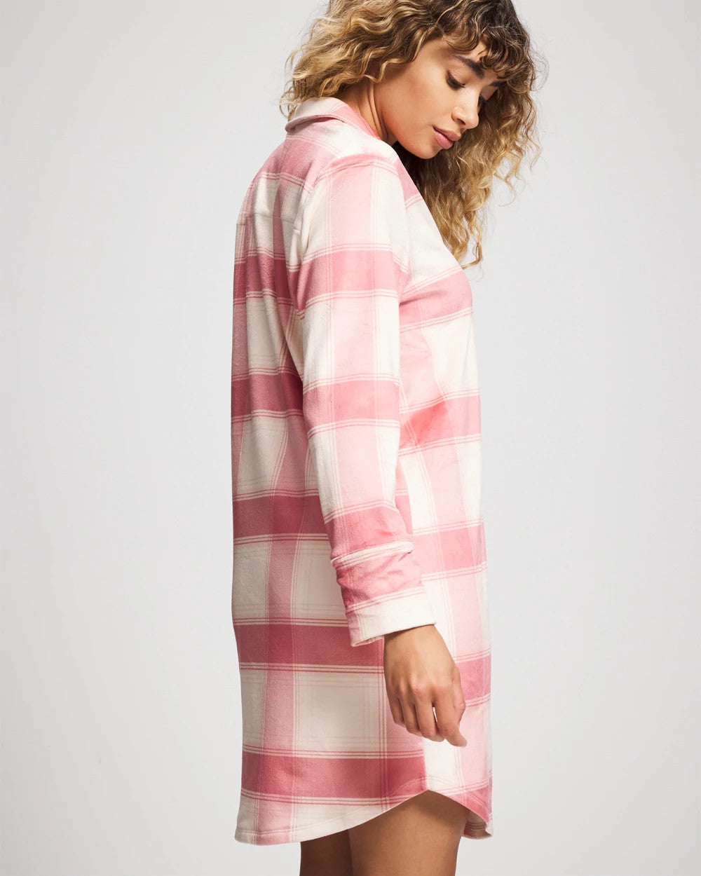 Long-Sleeve Notch Collar Sleepshirt - FROSTED PLAID PINK | Soma on sale