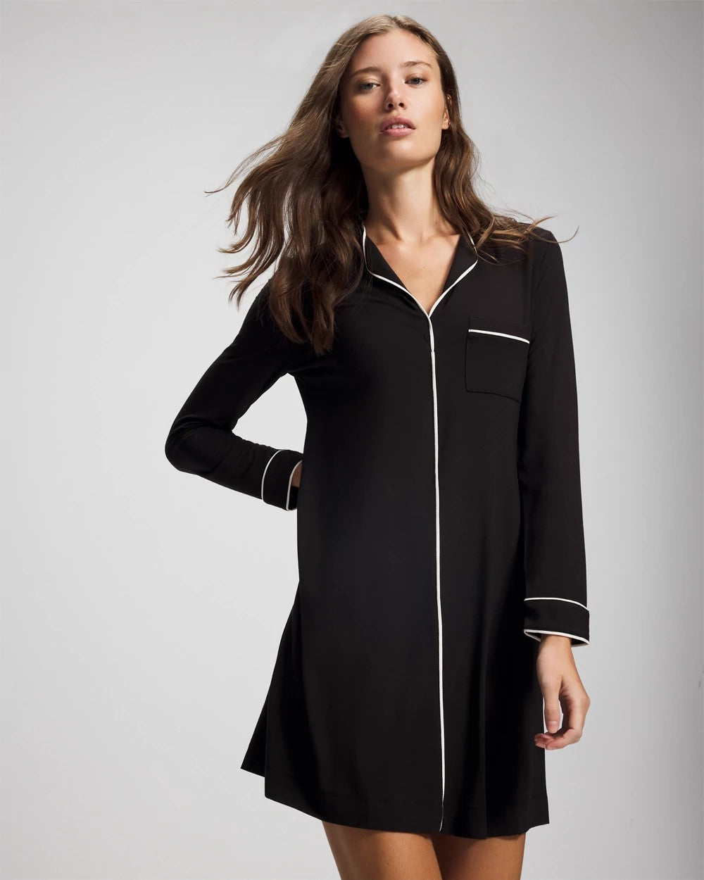 Piped Long-Sleeve Sleepshirt - BLACK | Soma for sale