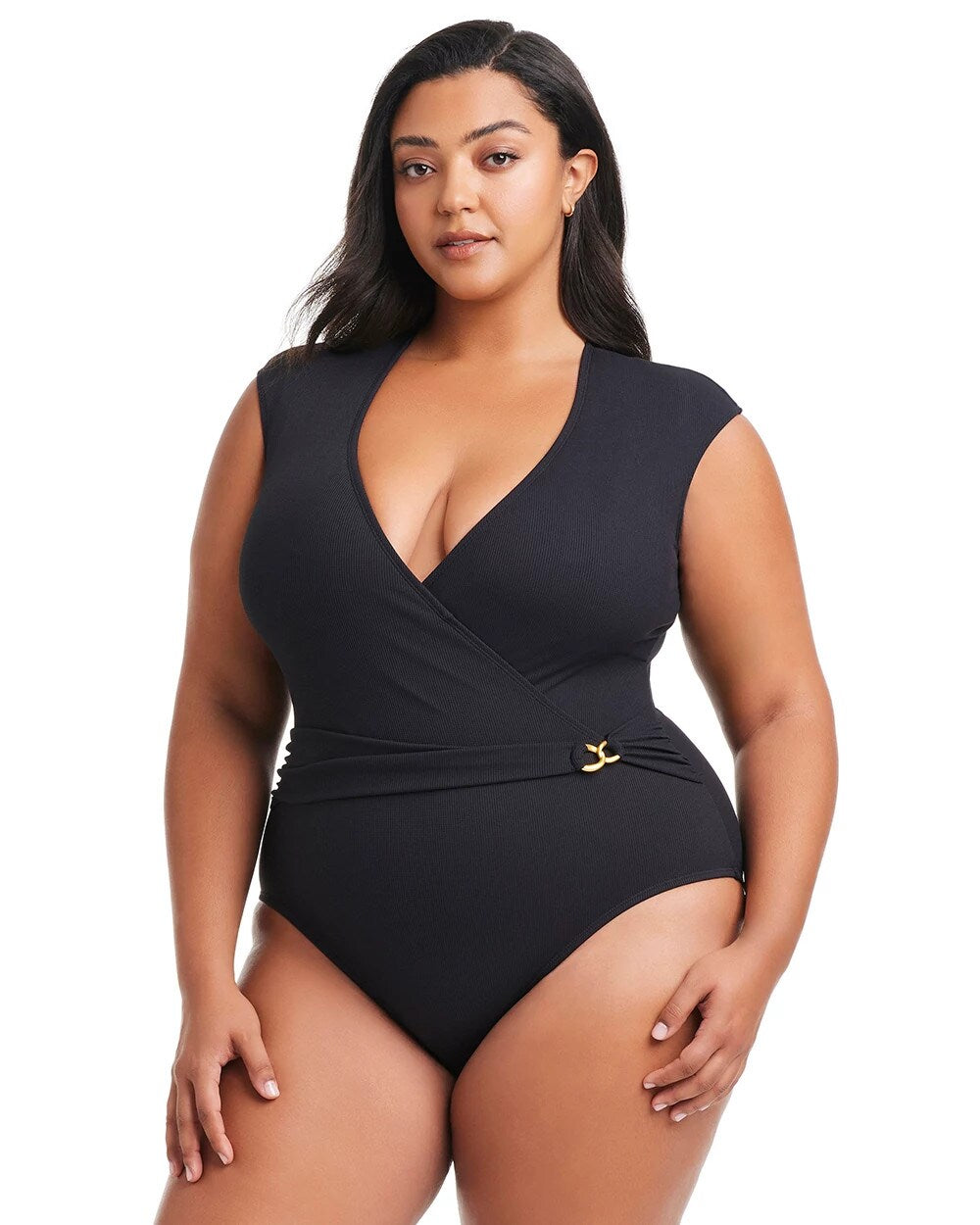 Pique Ole Cap Sleeve Surplice One Piece - BLACK | Soma for sale