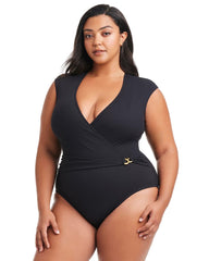Pique Ole Cap Sleeve Surplice One Piece - BLACK | Soma for sale