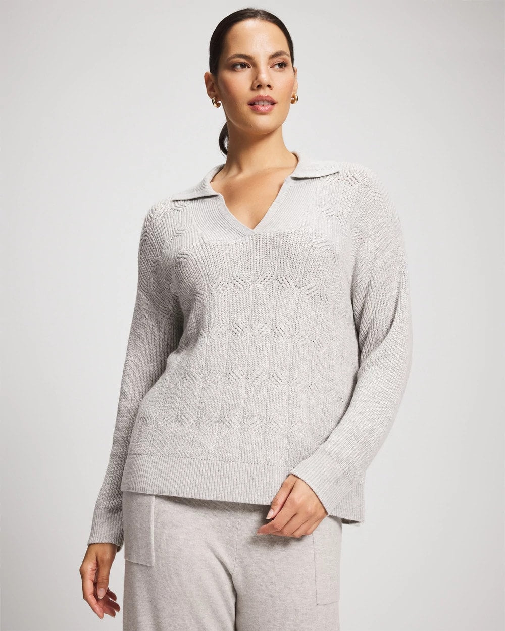 Premier Knit Cable Knit Collared Sweater - HEATHER STONE | Soma on sale