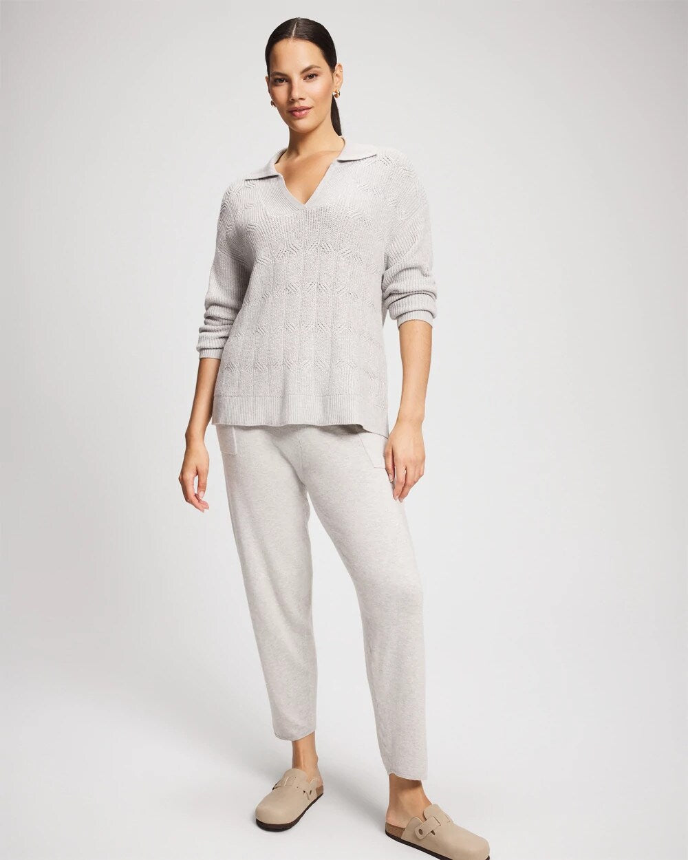Premier Knit Cable Knit Collared Sweater - HEATHER STONE | Soma on sale