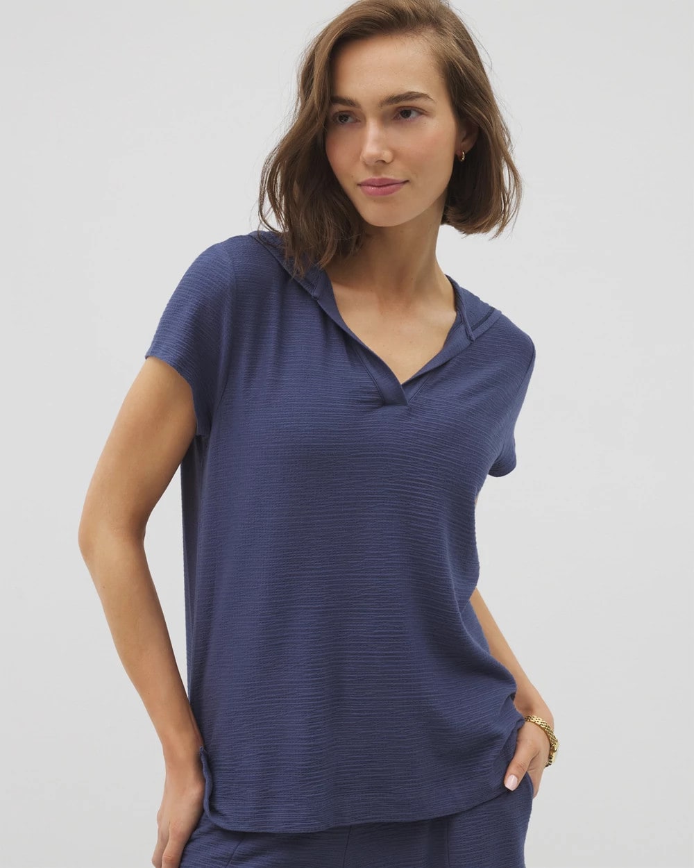 Crinkle Knit Short Sleeve V-Neck Hoodie - LUNAR TIDE | Soma near me