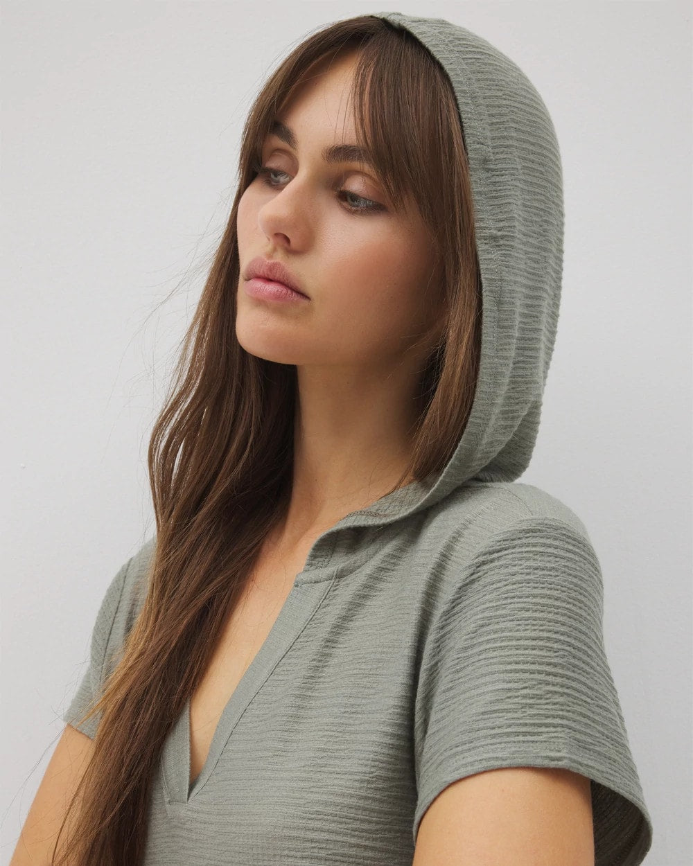 Crinkle Knit Short Sleeve V-Neck Hoodie - RESTORATION GREEN | Soma for sale