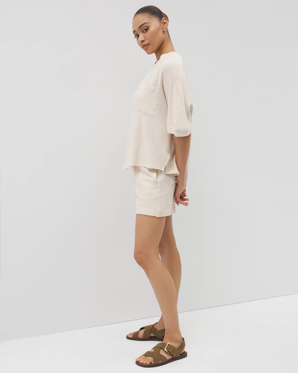 Crinkle Knit Relaxed Button-Up Top - PARCHMENT | Soma outlet