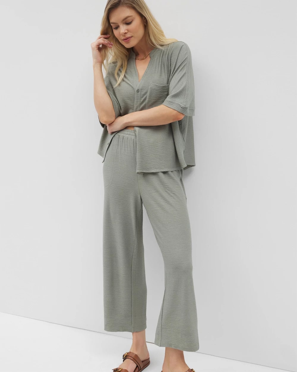 Crinkle Knit Wide Leg Pant - RESTORATION GREEN | Soma for sale