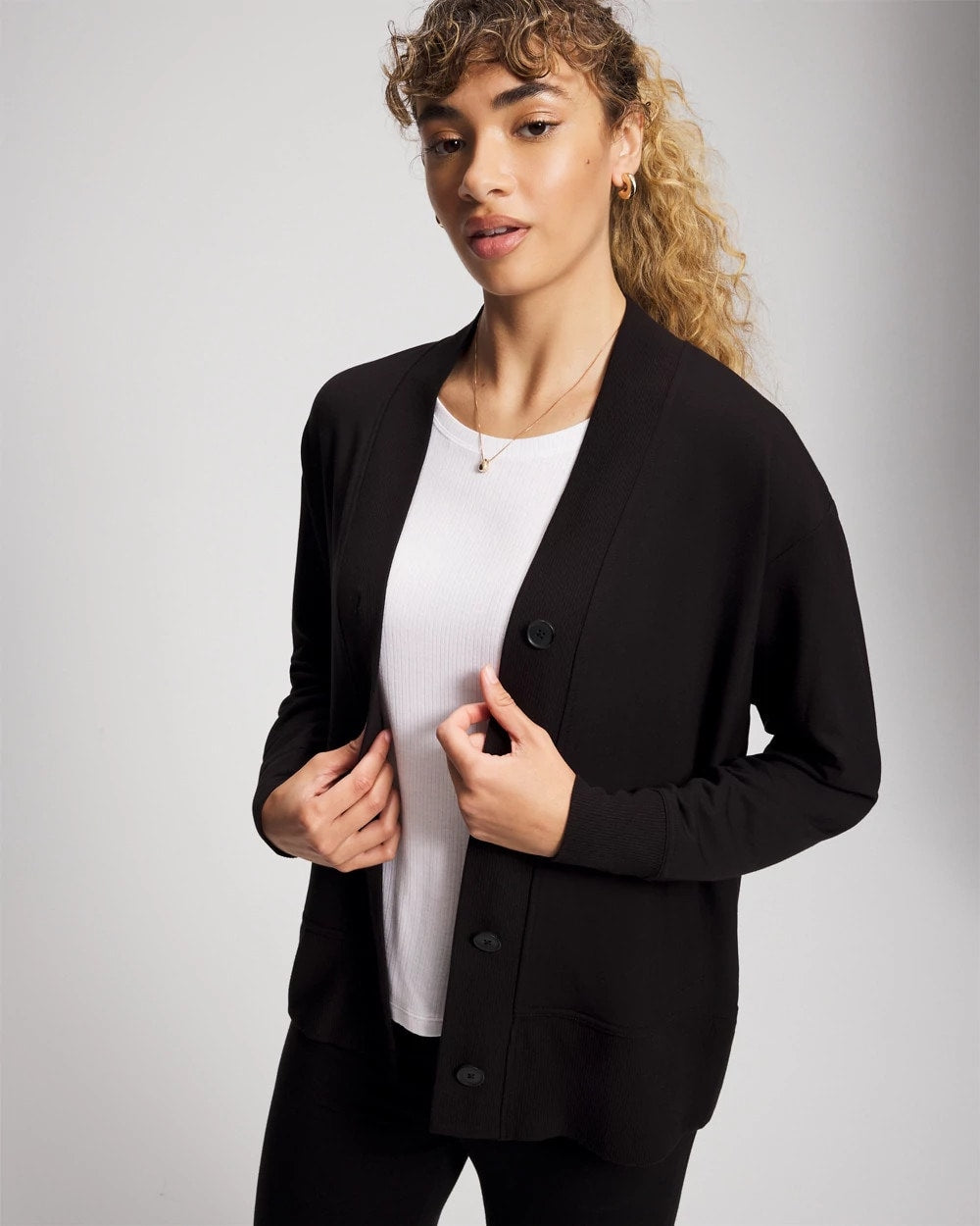Ultrasoft Fleece Relaxed Button Up Cardigan - BLACK | Soma outlet