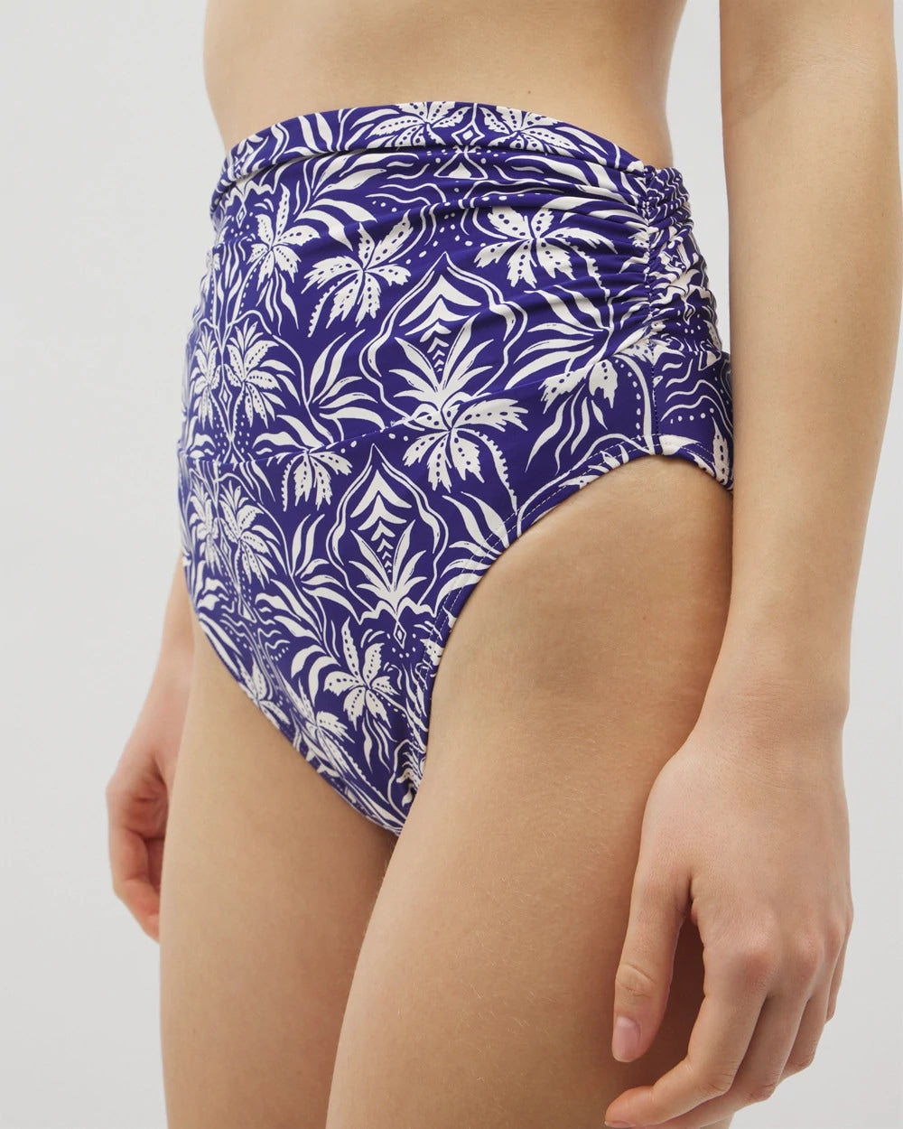 Ruched High-Waist Bikini Bottom - TROPIC TILES TRUE BLUE | Soma for sale